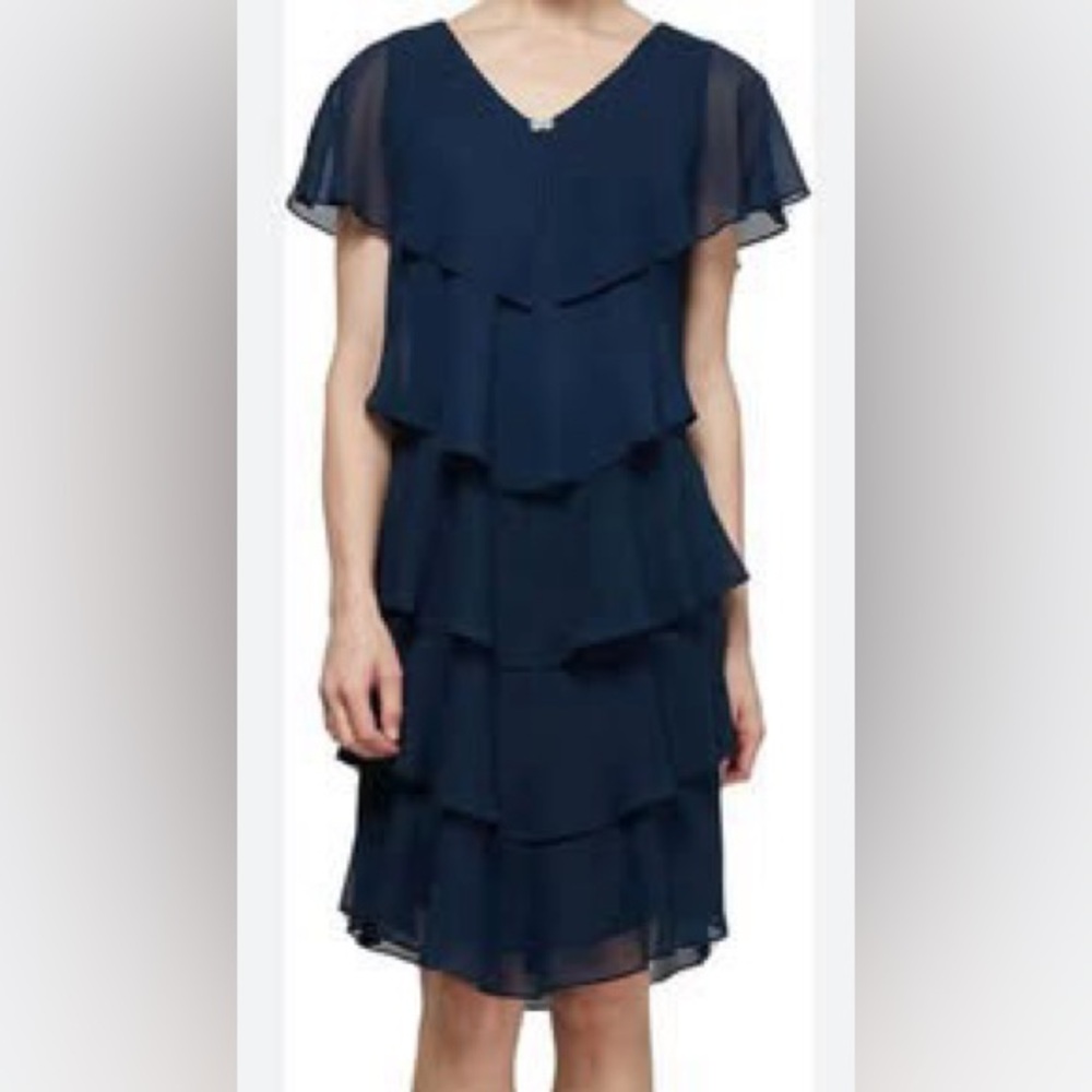 S.L. Fashions Blue Metallic Tiered Shift Dress